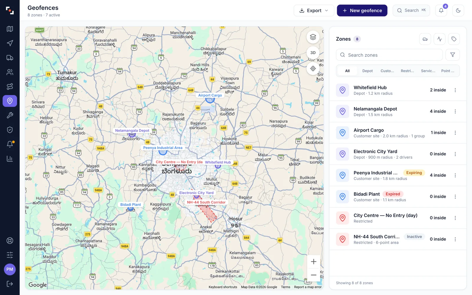 ZonePin Fleets geofences drawn over Bengaluru — depots, customer sites and restricted zones — with a list showing how many vehicles are inside each.