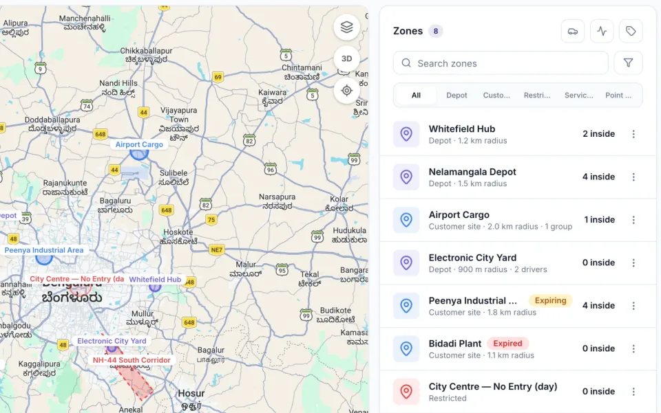 ZonePin Fleets geofences drawn over Bengaluru — depots, customer sites and restricted zones — with a list showing how many vehicles are inside each.