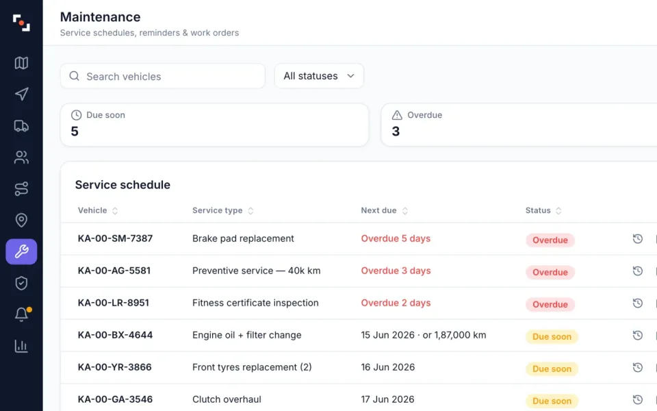 ZonePin Fleets maintenance: a service schedule with overdue and upcoming items.