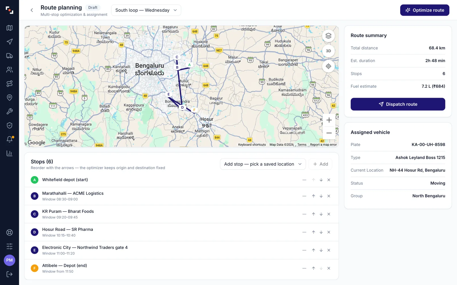ZonePin Fleets route planning: a multi-stop route drawn on the map with a route summary of distance, duration, stops and fuel estimate.