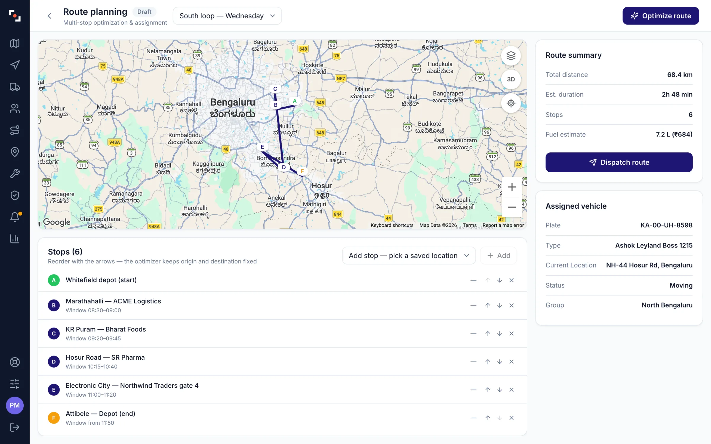 ZonePin Fleets route planning: a multi-stop route drawn on the map with a route summary of distance, duration, stops and fuel estimate.