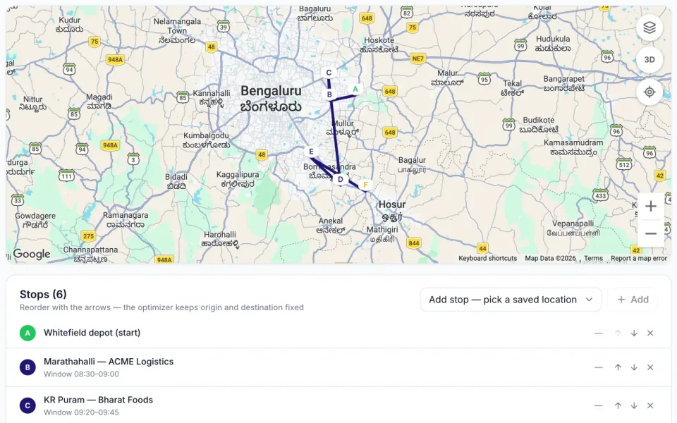 ZonePin Fleets route planning: a multi-stop route drawn on the map of Bengaluru and its ordered list of stops with delivery windows.