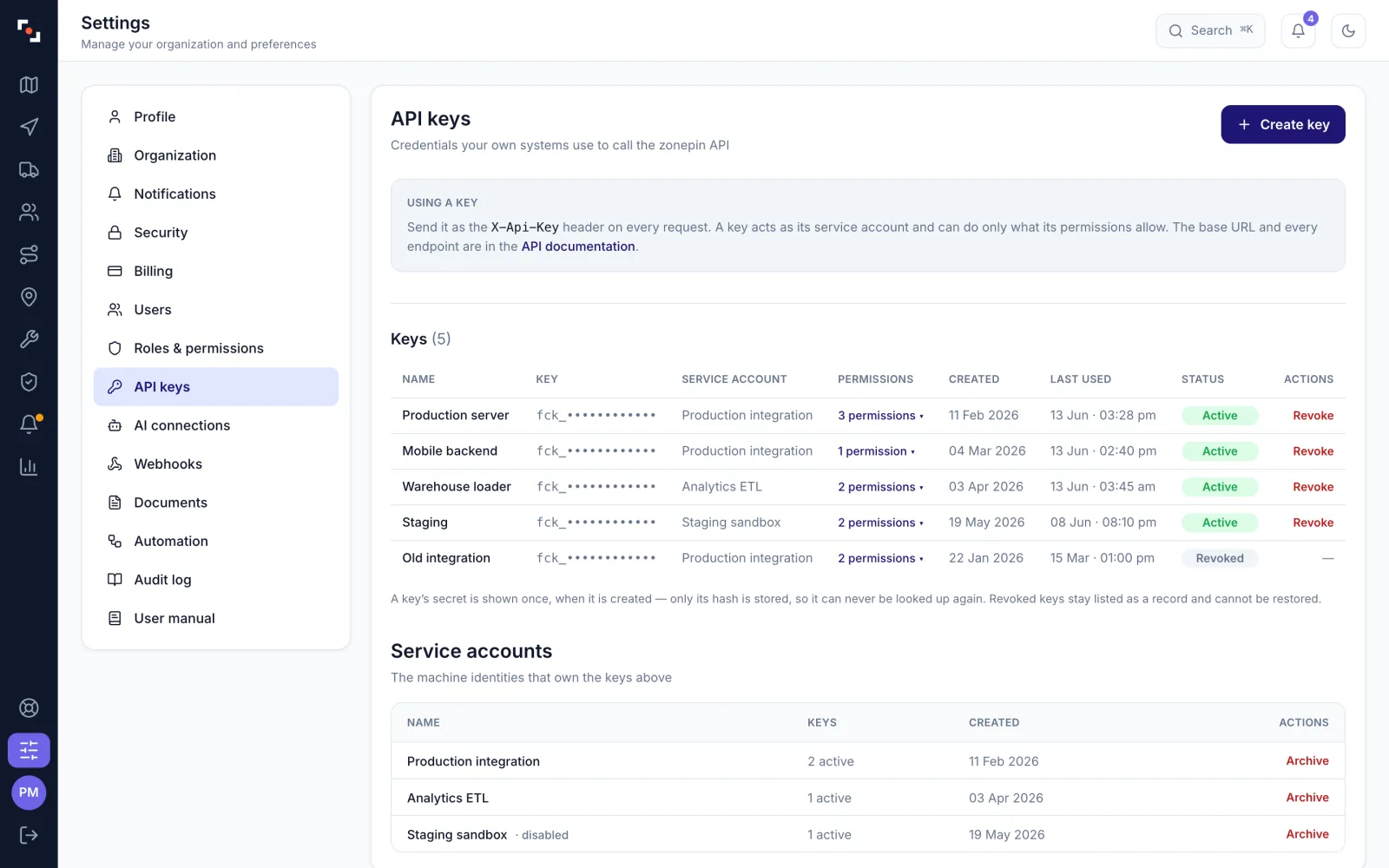 ZonePin Fleets settings: API keys with their scopes, owners and last use, and service accounts for integrations.