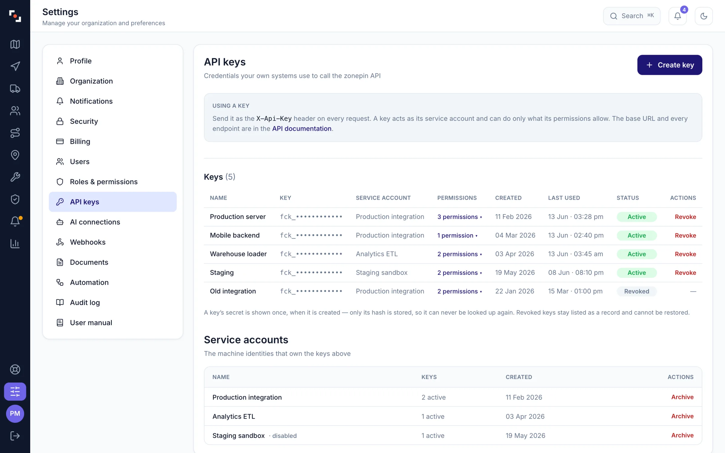 ZonePin Fleets settings: API keys with their scopes, owners and last use, and service accounts for integrations.