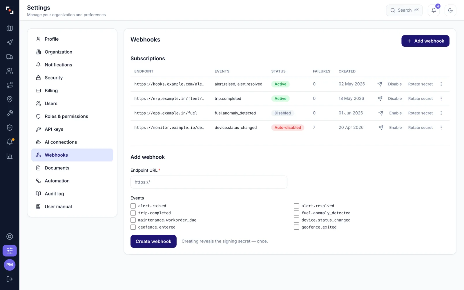 ZonePin Fleets settings: webhook subscriptions with endpoints, events and delivery status, and the form to add one.