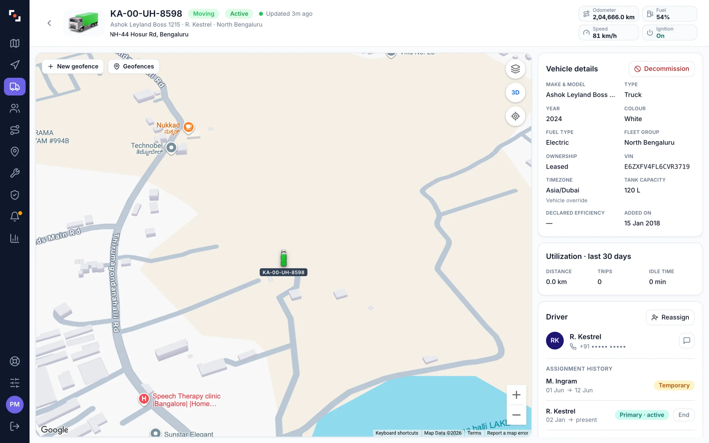 A vehicle’s page in ZonePin Fleets: live position on the map, status, odometer and speed, vehicle details, 30-day utilisation and the assigned driver.