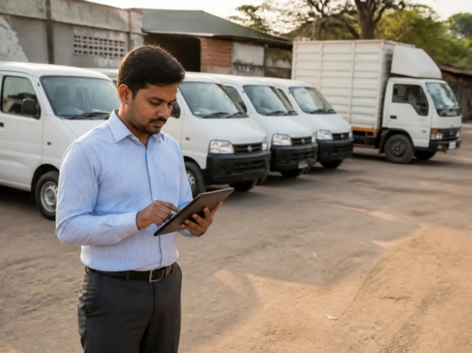A business owner checking a tablet in a depot yard, with a row of white delivery vans and a goods truck parked behind him