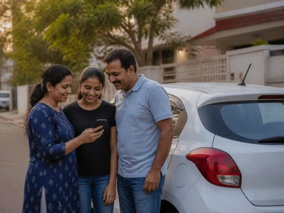 A mother, father and teenage daughter standing beside their white hatchback outside their home in the evening, smiling at a phone the mother is holding