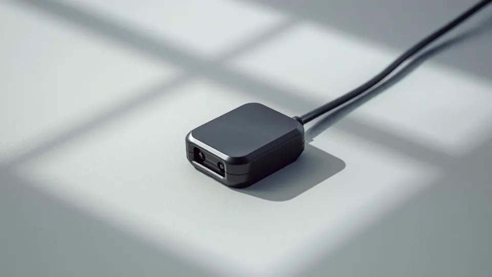 A small matte black vehicle tracking device with a short cable, on a pale workbench in soft daylight